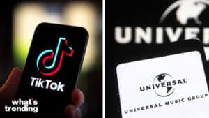 LEFT: The TikTok logo is seen on a mobile device in this photo illustration in Warsaw, Poland on 20 July, 2023. (Photo by Jaap Arriens/NurPhoto via Getty Images) RIGHT: UKRAINE - 2021/06/04: In this photo illustration, Universal Music Group (UMG) logo is seen on a smartphone and pc screen. (Photo Illustration by Pavlo Gonchar/SOPA Images/LightRocket via Getty Images)