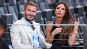 Co-owner David Beckham of Inter Miami CF and wife Victoria Beckham react prior to the Leagues Cup 2023 match between Inter Miami CF and Atlanta United at DRV PNK Stadium on July 25, 2023 in Fort Lauderdale, Florida.