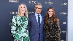 Catherine O'Hara, Eugene Levy and Sarah Levy at the star ceremony where Eugene Levy is honored with a star on the Hollywood Walk of Fame on March 8, 2024 in Los Angeles, California.