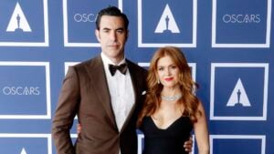 Sacha Baron Cohen (L) and Isla Fisher attend a screening of the Oscars on Monday, April 26, 2021 in Sydney, Australia.