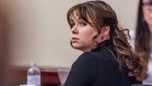 Hannah Gutierrez-Reed, former armorer for the movie "Rust," listens to closing arguments in her trial at district court on March 6, 2024 in Santa Fe, New Mexico. Gutierrez-Reed, who was working as the armorer on the movie "Rust" when a revolver actor Alec Baldwin was holding fired, killing cinematographer Halyna Hutchins and wounding the film's director Joel Souza, was found guilty of involuntary manslaughter but acquitted on charges of tampering with evidence. She could face up to 18 months in prison.
