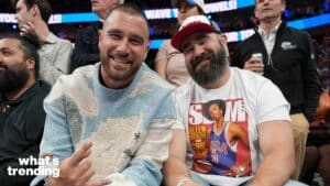 PHILADELPHIA, PA - MAY 11: Travis Kelce and Jason Kelce attend a game before the game against the Boston Celtics against the Philadelphia 76ers during Game 6 of the 2023 NBA Playoffs Eastern Conference semi-finals on May 11, 2023 at the Wells Fargo Center in Philadelphia, Pennsylvania NOTE TO USER: User expressly acknowledges and agrees that, by downloading and/or using this Photograph, user is consenting to the terms and conditions of the Getty Images License Agreement. Mandatory Copyright Notice: Copyright 2023 NBAE (Photo by Jesse D. Garrabrant/NBAE via Getty Images)