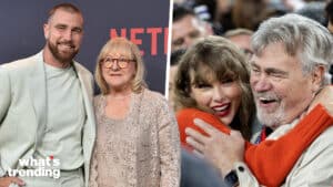 Taylor Swift hugging an older man in an orange sweater, and a man in a light suit posing with an older woman at a Netflix event