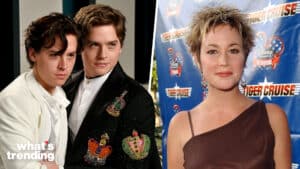 LEFT: BEVERLY HILLS, CALIFORNIA - FEBRUARY 09: Cole Sprouse and Dylan Sprouse attends the 2020 Vanity Fair Oscar Party hosted by Radhika Jones at Wallis Annenberg Center for the Performing Arts on February 09, 2020 in Beverly Hills, California. (Photo by Frazer Harrison/Getty Images) RIGHT: Kim Rhodes during "Tiger Cruise" Los Angeles Premiere at Directors Guild of America in Los Angeles, California, United States. (Photo by M. Caulfield/WireImage for ABC Cable Networks Group)