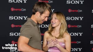 LAS VEGAS, NEVADA - APRIL 24: Glen Powell (L) and Sydney Sweeney promote the upcoming film "Anyone But You" at the Sony Pictures Entertainment presentation during CinemaCon, the official convention of the National Association of Theatre Owners, at The Colosseum at Caesars Palace on April 24, 2023 in Las Vegas, Nevada. (Photo by Ethan Miller/Getty Images)
