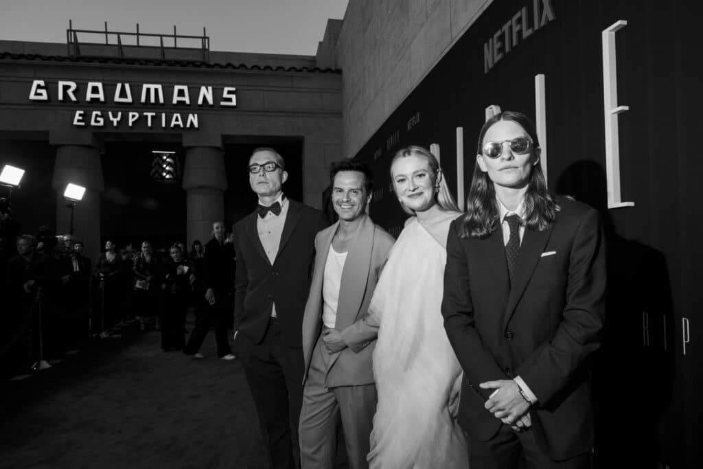 Ripley Premiere. (L to R) Maurizio Lombardi, Andrew Scott, Dakota Fanning, Eliot Sumner at The Egyptian Theatre Hollywood. Cr. Roger Kisby/Netflix