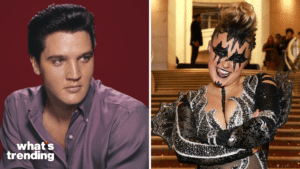 LEFT: A portrait of American singer and actor Elvis Presley wearing a purple shirt circa 1956. (Photo by Archive Photos/Getty Images) RIGHT: LOS ANGELES, CALIFORNIA - APRIL 01: (FOR EDITORIAL USE ONLY) JoJo Siwa attends the 2024 iHeartRadio Music Awards at Dolby Theatre in Los Angeles, California on April 01, 2024. Broadcasted live on FOX. (Photo by Matt Winkelmeyer/Getty Images for iHeartRadio)
