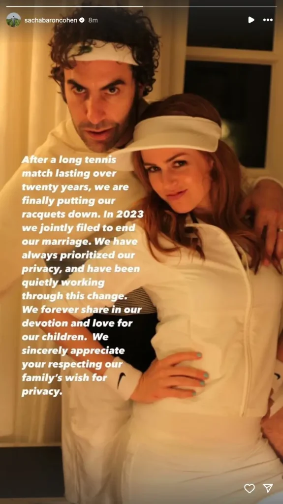 Baron Cohen announced he and Isla Fisher are divorcing after 20 years as a couple and almost 14 years of marriage.