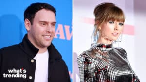 LEFT: LOS ANGELES, CALIFORNIA - JUNE 10: Scooter Braun attends FXX, FX and Hulu's Season 2 Red Carpet Premiere Of "Dave" at The Greek Theatre on June 10, 2021 in Los Angeles, California. (Photo by Emma McIntyre/WireImage,)RIGHT: LOS ANGELES, CA - OCTOBER 09: Taylor Swift attends the 2018 American Music Awards at Microsoft Theater on October 9, 2018 in Los Angeles, California. (Photo by Emma McIntyre/Getty Images For dcp)