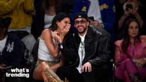 LOS ANGELES, CALIFORNIA - MAY 12: Yung Taco, Renell Medrano, Kendall Jenner and Bad Bunny attend the Western Conference Semifinal Playoff game between the Los Angeles Lakers and Golden State Warriors at Crypto.com Arena on May 12, 2023 in Los Angeles, California. (Photo by Kevork Djansezian/Getty Images)