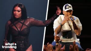 LEFT: LOS ANGELES, CALIFORNIA - NOVEMBER 03: Megan Thee Stallion performs during the Amazon Music Live Concert Series on November 03, 2022 in Los Angeles, California. (Photo by Jerritt Clark/Getty Images for Amazon Music) RIGHT: LOS ANGELES, CA - JUNE 04: Rap Artist Eminem performs onstage during the 2005 MTV Movie Awards at the Shrine Auditorium on June 4, 2005 in Los Angeles, California. The 14th annual award show will premiere on MTV Thursday, June 9 at 9:00PM (ET/PT). (Photo by Kevin Winter/Getty Images)