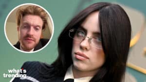 LEFT: Finneas in a video posted on TikTok RIGHT: SANTA MONICA, CALIFORNIA - FEBRUARY 18: Billie Eilish attends the 2024 People's Choice Awards at Barker Hangar on February 18, 2024 in Santa Monica, California. (Photo by Axelle/Bauer-Griffin/FilmMagic)