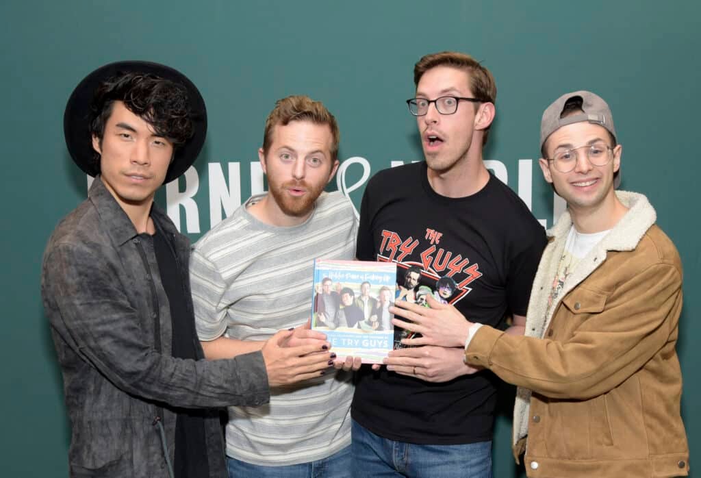 Eugene Lee Yang, Ned Fulmer, Keith Habersberger and Zach Kornfeld of The Try Guys attend a signing event for their new book "The Hidden Power Of F*cking Up" at Barnes & Noble at The Grove on June 20, 2019 in Los Angeles, California.
