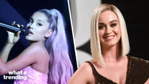 LEFT: THE TONIGHT SHOW STARRING JIMMY FALLON -- Episode 0862 -- Pictured: Singer Ariana Grande performs "No Tears Left To Cry" on May 1, 2018 -- (Photo by: Andrew Lipovsky/NBC) RIGHT: BEVERLY HILLS, CA - FEBRUARY 26: Singer-songwriter Katy Perry attends the 2017 Vanity Fair Oscar Party hosted by Graydon Carter at Wallis Annenberg Center for the Performing Arts on February 26, 2017 in Beverly Hills, California. (Photo by Pascal Le Segretain/Getty Images)