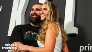 PHILADELPHIA, PA - SEPTEMBER 08: (L-R) Jason Kelce poses for a photo with Kylie Kelce during the Kelce documentary premiere at Suzanne Roberts Theater on September 8, 2023 in Philadelphia, Pennsylvania. (Photo by Cooper Neill/Getty Images)