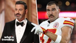 LEFT: THE OSCARS® - The 95th Oscars® will air live from the Dolby® Theatre at Ovation Hollywood on ABC and broadcast outlets worldwide on Sunday, March 12, 2023, at 8 p.m. EDT/5 p.m. PDT. (ABC) RIGHT: GLENDALE, ARIZONA - AUGUST 19: Travis Kelce #87 of the Kansas City Chiefs reacts prior to an NFL preseason football game between the Arizona Cardinals and the Kansas City Chiefs at State Farm Stadium on August 19, 2023 in Glendale, Arizona. (Photo by Michael Owens/Getty Images)