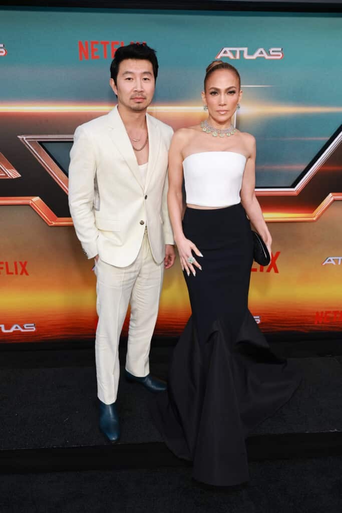 Simu Liu and Jennifer Lopez attend the premiere of Netflix's "ATLAS" at The Egyptian Theatre Hollywood on May 20, 2024 in Los Angeles, California.