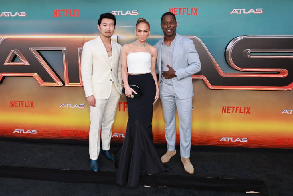 Simu Liu, Jennifer Lopez, and Sterling K. Brown attend the premiere of Netflix's "ATLAS" at The Egyptian Theatre Hollywood on May 20, 2024 in Los Angeles, California.
