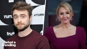 LEFT: PASADENA, CA - FEBRUARY 11: Daniel Radcliffe of the television show 'Miracle Workers' poses in the green room during the TCA Turner Winter Press Tour 2019 at The Langham Huntington Hotel and Spa on February 11, 2019 in Pasadena, California. 505702 (Photo by John Sciulli/Getty Images for Turner) RIGHT: LONDON, ENGLAND - FEBRUARY 12: J.K. Rowling attends the 70th EE British Academy Film Awards (BAFTA) at Royal Albert Hall on February 12, 2017 in London, England. (Photo by John Phillips/Getty Images)