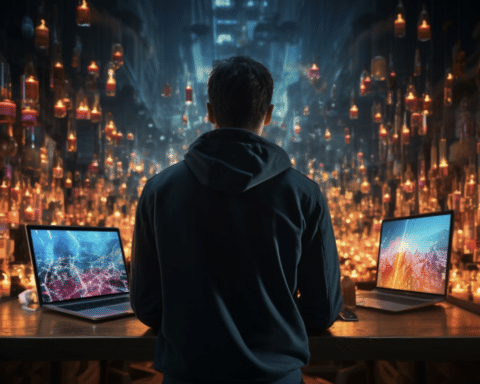 Person in hoodie working on two laptops surrounded by numerous lit candles in a dim room