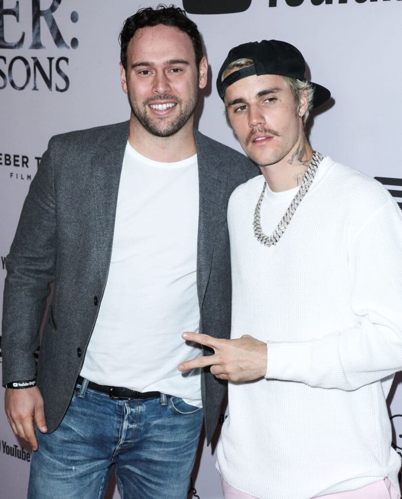 Scooter Braun and Justin Bieber arrive at the Los Angeles Premiere Of YouTube Originals' 'Justin Bieber: Seasons' held at the Regency Bruin Theatre on January 27, 2020 in Westwood, Los Angeles, California, United States.