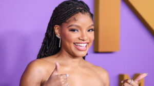Halle Bailey wearing Nicole + Felicia Couture arrives at the 55th Annual NAACP Image Awards held at the Shrine Auditorium and Expo Hall on March 16, 2024 in Los Angeles, California, United States.