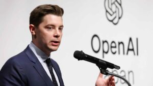 Brad Lightcap, Chief Operating Officer of OpenAI, speaks during a press conference in Tokyo, Japan, 15 April 2024. Open AI, a US company that developed the interactive generative AI 'Chat GPT', announced that it has opened its first Japanese base in Asia in Tokyo.