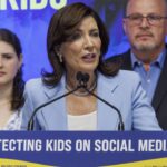 New York Governor Kathy Hochul speaks before signing the 'Safe For Kids Act' bill at the United Federation of Teachers Manhattan Borough Office in New York, New York, USA, 20 June 2024. The bill requires social media companies to restrict feeds and bar notifications from social media platforms between the hours of midnight and 6 a.m. without parental consent for social media users under the age of 18. It would also require new age verification and parental consent tools to be set by the state's attorney general.