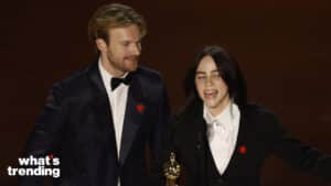Billie Eilish (R) and Finneas O'Connell (L) on stage after winning the Oscar for Best Original Song during the 96th annual Academy Awards ceremony at the Dolby Theatre in the Hollywood neighborhood of Los Angeles, California, USA, 10 March 2024. The Oscars are presented for outstanding individual or collective efforts in filmmaking in 23 categories.