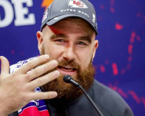 Kansas City Chiefs tight end Travis Kelce participates in the National Football League's Super Bowl LVIII Opening Night event at Allegiant Stadium in Las Vegas, Nevada, USA, 05 February 2024. The AFC champion Kansas City Chiefs face the NFC champion San Francisco 49ers in Super Bowl LVIII at State Allegiant Stadium in Las Vegas, Nevada, 11 February 2024.