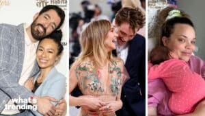 LEFT: Drew Scott hugs his wife Linda Phan. MIDDLE: Robert Pattinson hugging and holding Suki Waterhouse's belly. RIGHT: Trisha Paytas holding the newest edition to her family, Elvis.