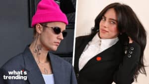 LEFT: Justin Bieber arrives for the 64th annual Grammy Awards at the MGM Grand Garden Arena in Las Vegas, Nevada on Sunday, April 3, 2022. RIGHT: Billie Eilish arrives at the 96th Annual Academy Awards.