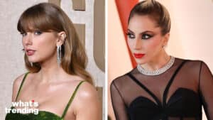 LEFT: Taylor Swift stuns in a bright green dress at the 81st Annual Golden Globes. RIGHT: Lady Gaga dons her iconic red lip and winged eyeliner at the 95th Annual Academy Awards.