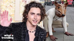 LEFT: Timothee Chalamet wearing CELINE HOMME by Hedi Slimane arrives at the 81st Annual Golden Globe Awards held at The Beverly Hilton Hotel on January 7, 2024 in Beverly Hills, Los Angeles, California, United States. RIGHT: Wearing a giant rat costume, Buddy.