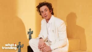 Jeremy Allen White poses for a photo with his two trophies won at the 30th Screen Actors Guild Awards.