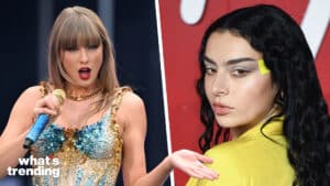 LEFT: Taylor Swift performs in London in June of 2024 wearing a bedazzled bodysuit. RIGHT: Charli XCX attending The Fashion Awards 2023 at the Royal Albert Hall in London, England on December 04, 2023.