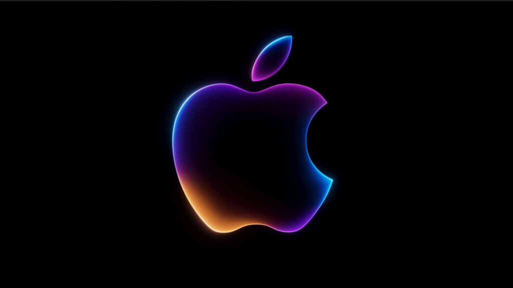 Glowing multicolor Apple logo with blue, purple, and orange gradient on black background