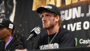 Logan Paul speaks to the media during the press conference after the Mayweather vs Paul fight