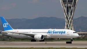 A Boeing 787-9 Dreamliner operated by Air Europa is preparing to take off on the runway at Barcelona-El Prat Airport in Barcelona, Spain, on May 1, 2024.