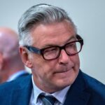 Actor and producer ALEC BALDWIN in First District Court during the second day of testimony in the trial against him, in Santa Fe, Thursday. Baldwin is on trial for the charge of involuntary manslaughter related to the death of cinematographer Hutchins during the filming of the movie Rust in 2021.