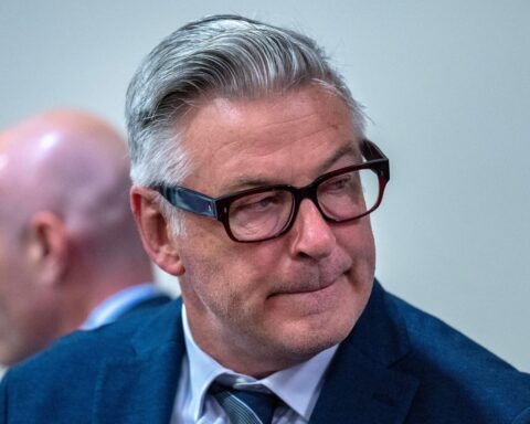 Actor and producer ALEC BALDWIN in First District Court during the second day of testimony in the trial against him, in Santa Fe, Thursday. Baldwin is on trial for the charge of involuntary manslaughter related to the death of cinematographer Hutchins during the filming of the movie Rust in 2021.