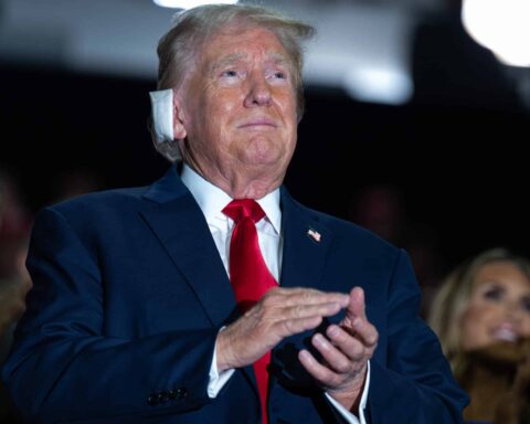 Former US President Donald J Trump makes an early appearance on the first night of the Republican National Convention in Milwaukee, Wisconsin at the Fiserv Forum on Monday, July 15, 2024. This is Trump’s first appearance since a rally in Pennsylvania, where he sustained injuries from an alleged bullet grazing his ear. Trump also named United States Senator JD Vance (Republican of Ohio) as his Vice Presidential running mate.