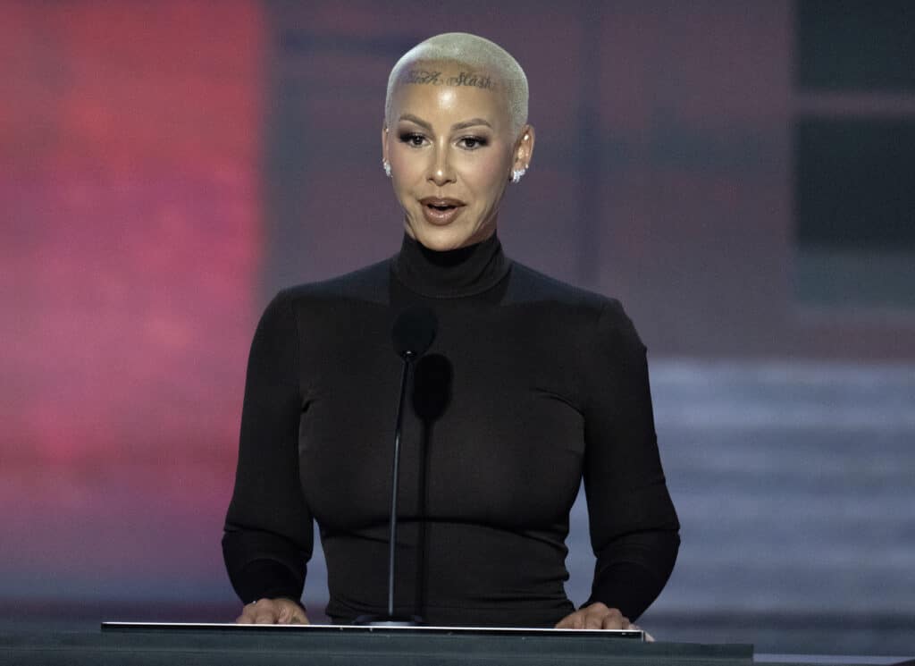 Amber Rose remarks on Day 1 of the 2024 Republican National Convention at the Fiserv Forum in Milwaukee, Wisconsin on Monday, July 15, 2024.