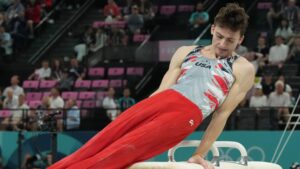 Stephen Nedoroscik of the U.S. performs on the pommel horse during the Men's Artistic Gymnastics Team Finals at the Summer Olympic Games in Paris, France, on Monday, July 29, 2024.