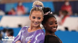 United States Women's Gymnastic teammates Simone Biles, right, and Mykayla Skinner, pose together after their practice session at Ariake Gymnastics Centre before the start of the Tokyo Olympic Games in Tokyo, Japan, on Thursday July 22, 2021.