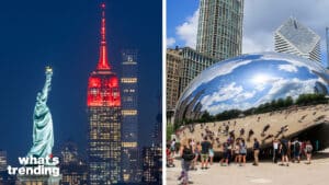 LEFT: This photo taken on Feb. 8, 2024 shows the Empire State Building lit up in red for the Chinese Lunar New Year in New York, the United States. RIGHT: People gather at the Cloud Gate sculpture in Chicago, Illinois, USA, 02 July 2019. The sculpture was created by Indian-born British artist Sir Anish Kapoor and is affectionately know as The Bean.