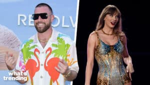 LEFT: Travis Kelce attends the REVOLVE Festival 2023 celebrating the 20th Anniversary of REVOLVE in partnership with The h.wood Group on April 15, 2023. RIGHT: Taylor Swift performs for 'The Eras' Tour at Accorn Stadium in Sydney, Australia.