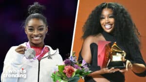 LEFT: Simone Biles (USA) - Artistic Gymnastics : The 2023 Artistic Gymnastics World Championships, Women's Apparatu Vault Award ceremony at Sportpaleis Antwerpen in Antwerp, Belgium. RIGHT: SZA proudly shows off her award at the 65th Annual Grammy Awards.