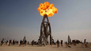 Flames shoot from the Flower Tower as approximately 70,000 people from all over the world gathered for the annual Burning Man arts and music festival in the Black Rock Desert of Nevada, U.S. August 31, 2017. Picture taken August 31, 2017.