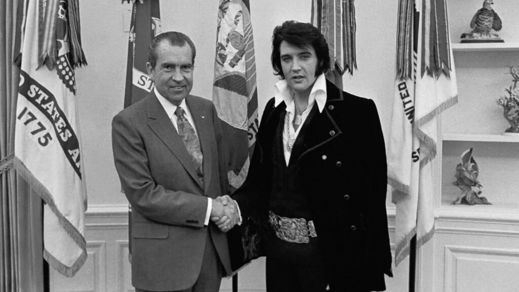 President Richard Nixon and Elvis Presley at the White House on Dec. 21 1970. Presley sought an appointment as a Federal Agent at Large to fight drugs and Communism.